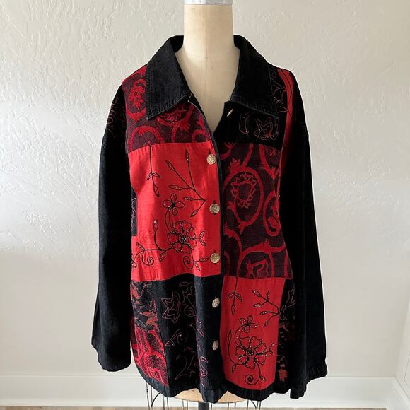RACHEL BROOKE | Womens Denim Mixed Media Embroidered Button Shirt Jacket 2X Red - Picture 2 of 12